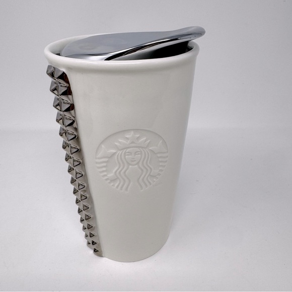 Starbucks Other - Starbucks 2014 White Ceramic Silver Studded 10oz Travel Tumbler Coffee Mug w/Lid